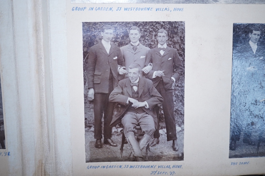 A late Victorian photograph album; 1890's onwards, assorted portraits, topography including Sussex, Hove Bowling Club, opening meeting 1905 and various railway related images. Condition - spine torn album damaged, photos